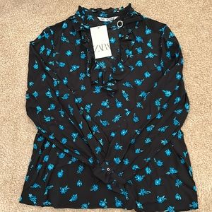 NWT ZARA Black and Blue Floral Embellished Top Ruffle Blouse Size Small